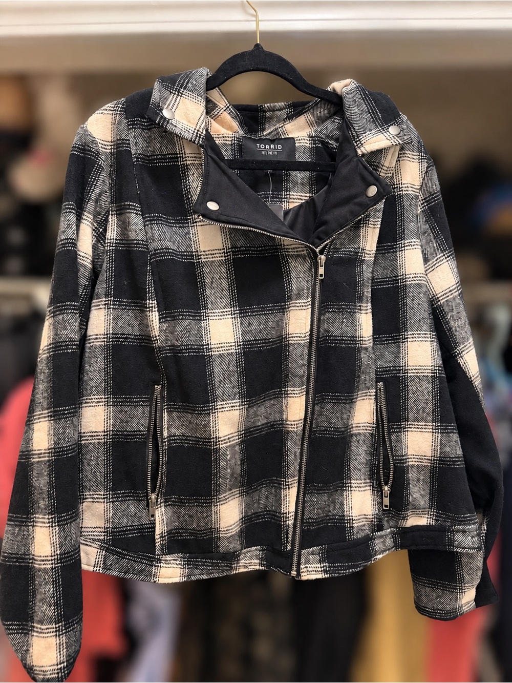 torrid Black & Cream Plaid Utility Moto Jacket
